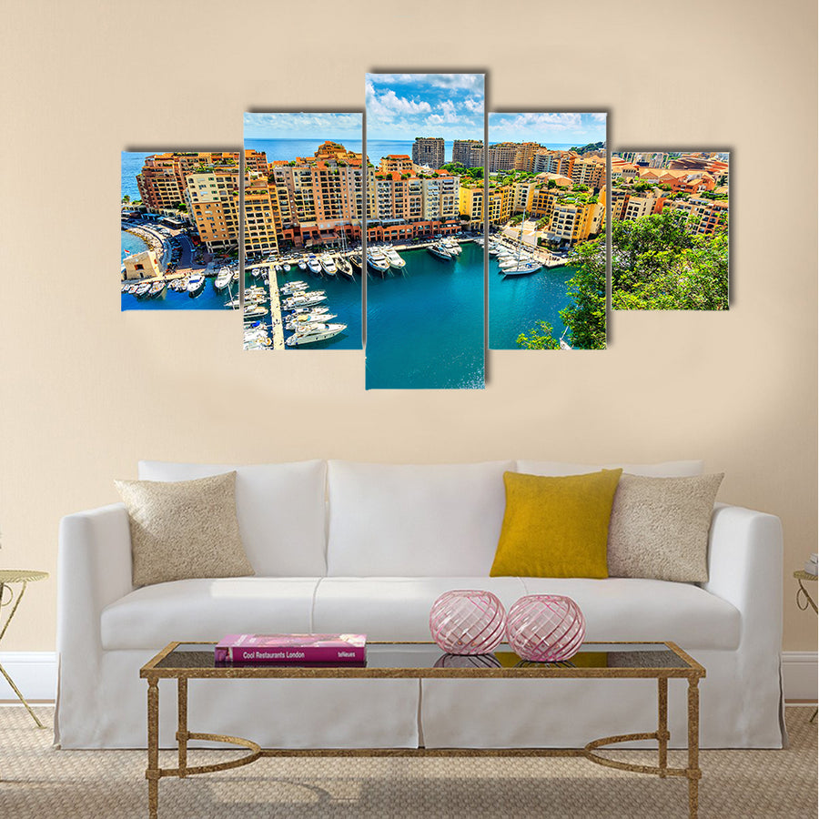 Precious apartments and harbor with luxury yachts in the bay,Monte Carlo,Monaco,Europe Multi panel canvas wall art