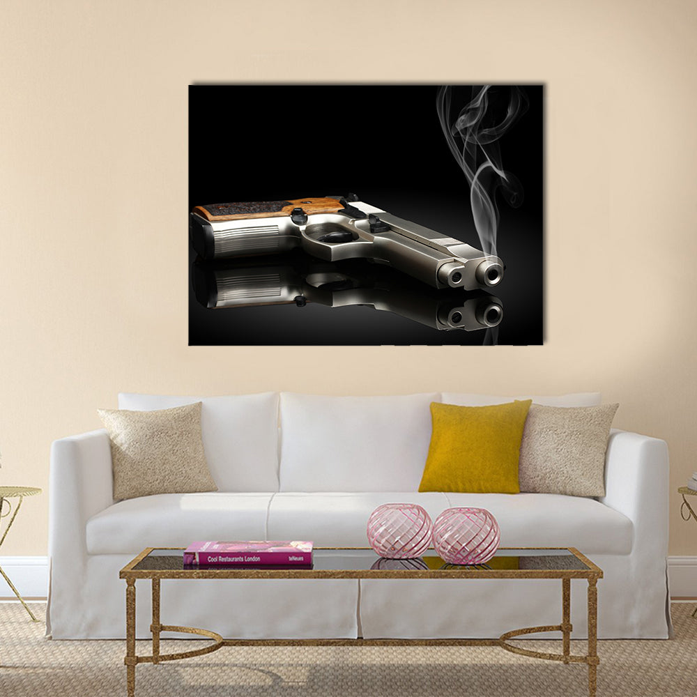 Chromed handgun on black background multi panel canvas wall art