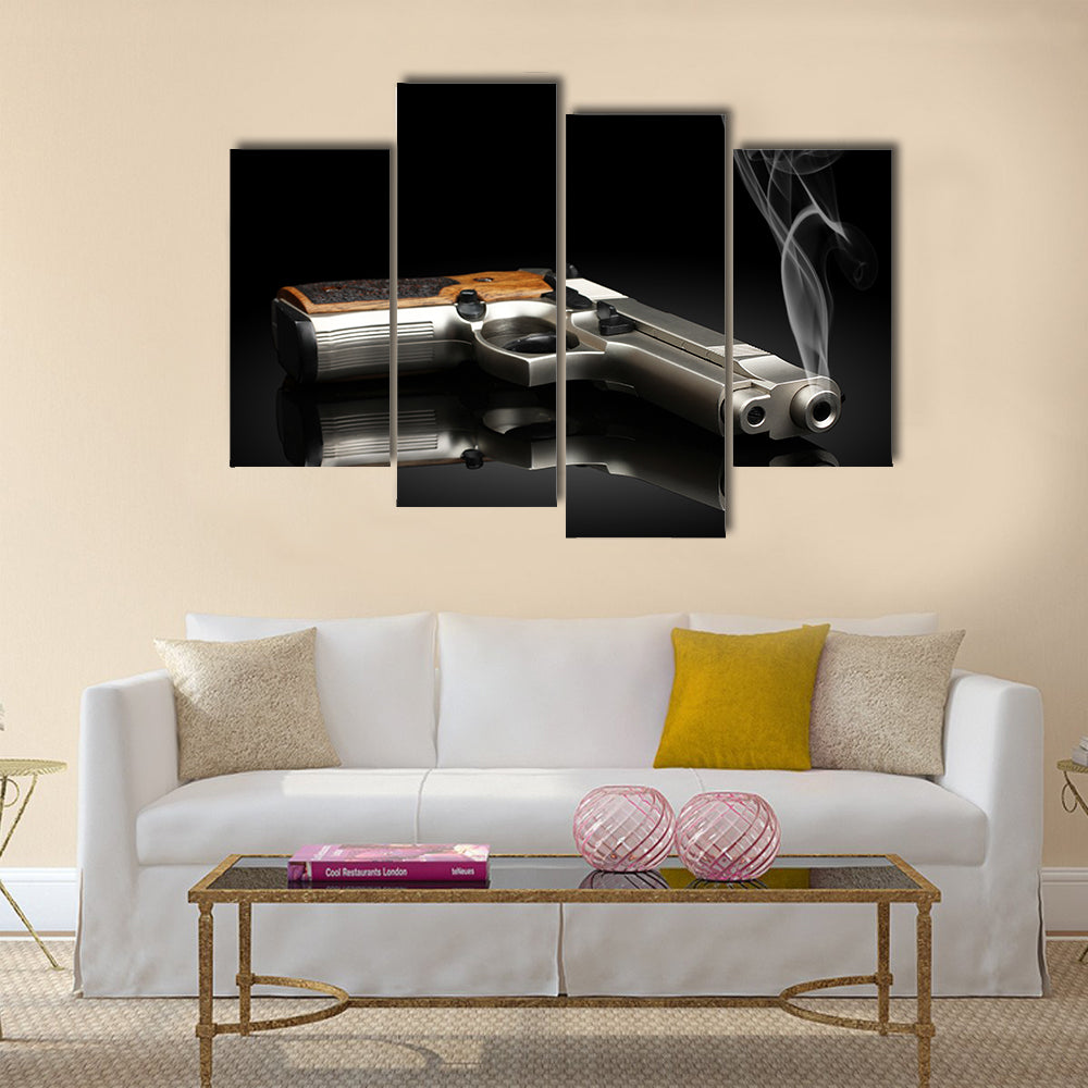 Chromed handgun on black background multi panel canvas wall art