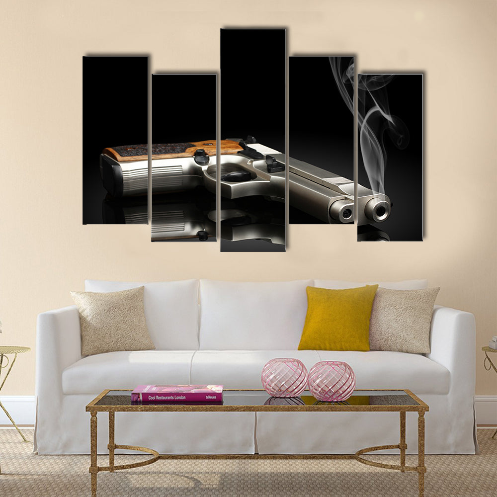 Chromed handgun on black background multi panel canvas wall art