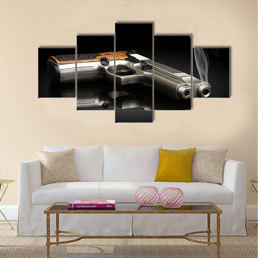 Chromed handgun on black background multi panel canvas wall art