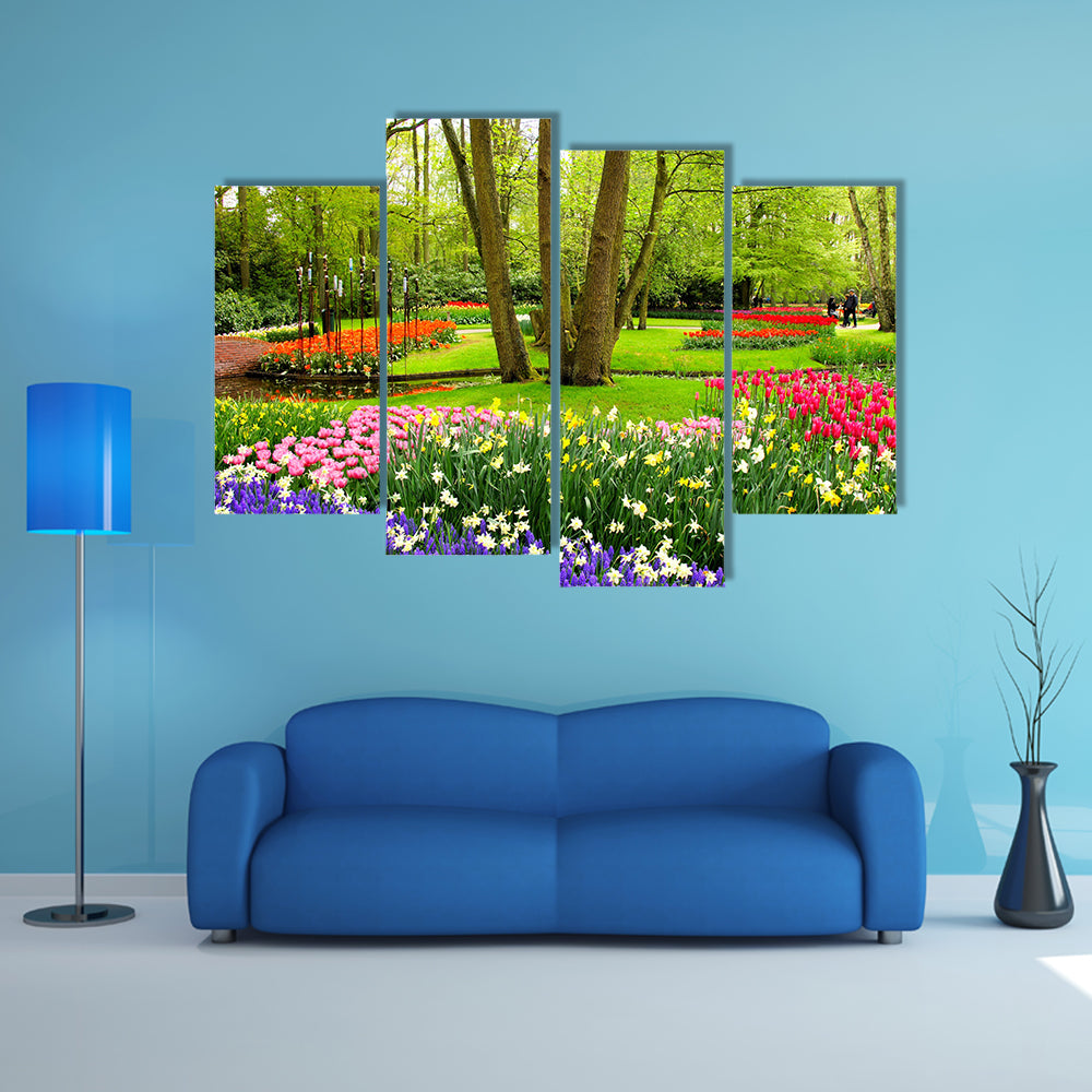 Colorful spring tulips and flowers at Keukenh of Gardens Netherlands multi panel canvas wall art