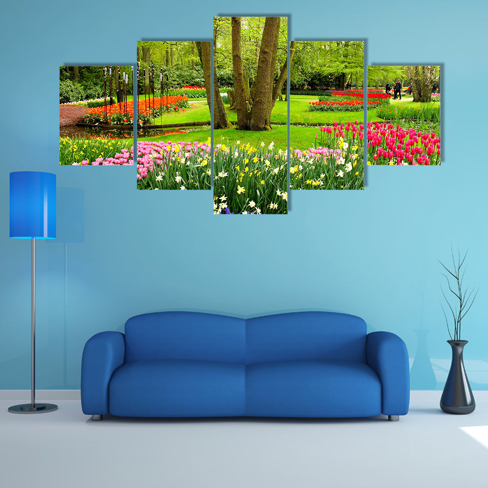Colorful spring tulips and flowers at Keukenh of Gardens Netherlands multi panel canvas wall art