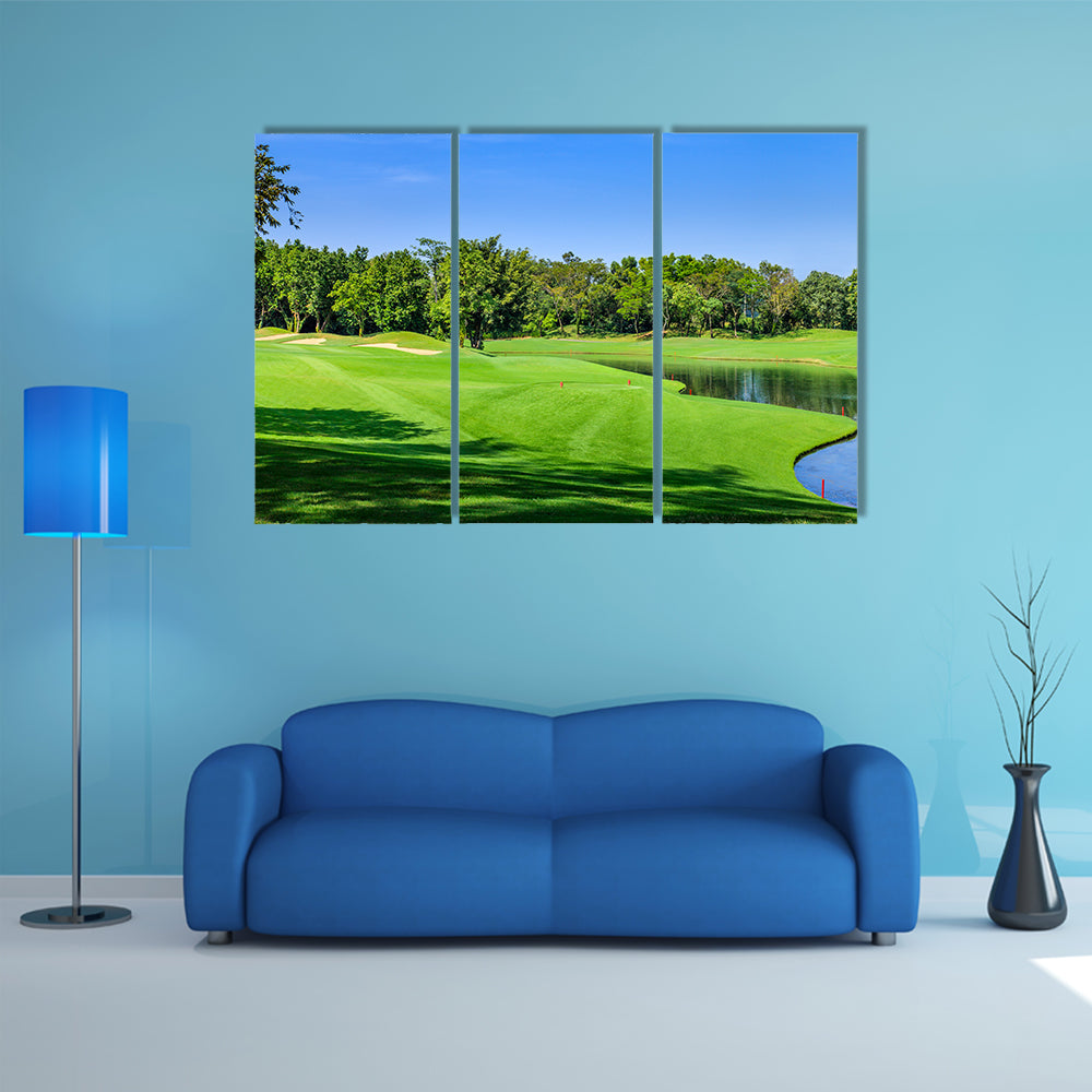 Green golf course in a sunny day, Thailand multi panel canvas wall art