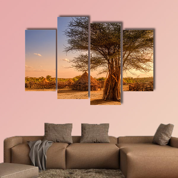 Africa, Ethiopia, huts in a Hamer village in the sunset light wall art