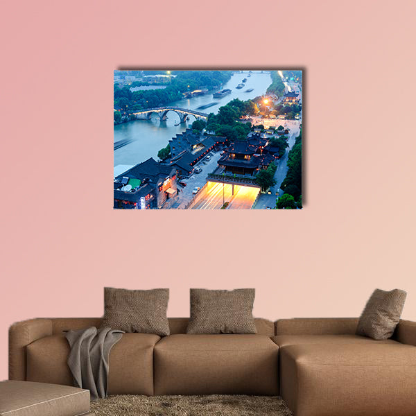 The Hangzhou canal Gongchen Bridge at dusk multi panel canvas wall art