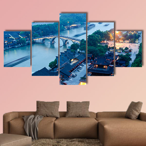 The Hangzhou canal Gongchen Bridge at dusk multi panel canvas wall art