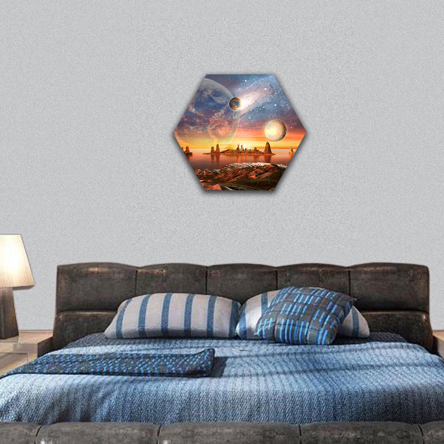 Alien Planet With planets, Earth Moon And Mountains  hexagonal canvas wall art