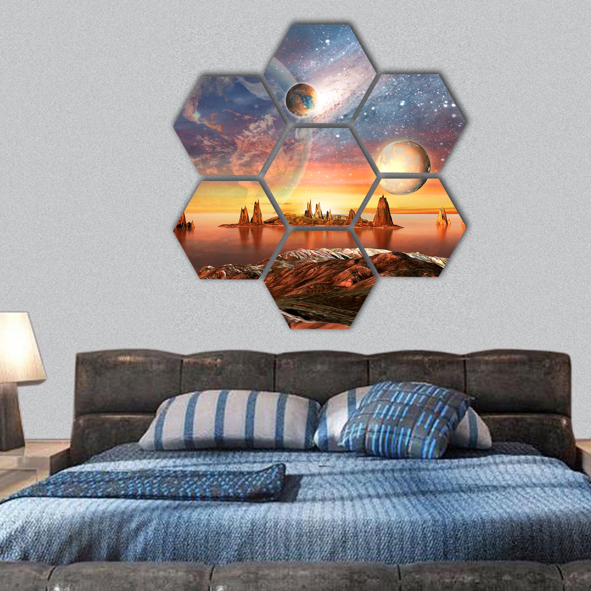 Alien Planet With planets, Earth Moon And Mountains  hexagonal canvas wall art