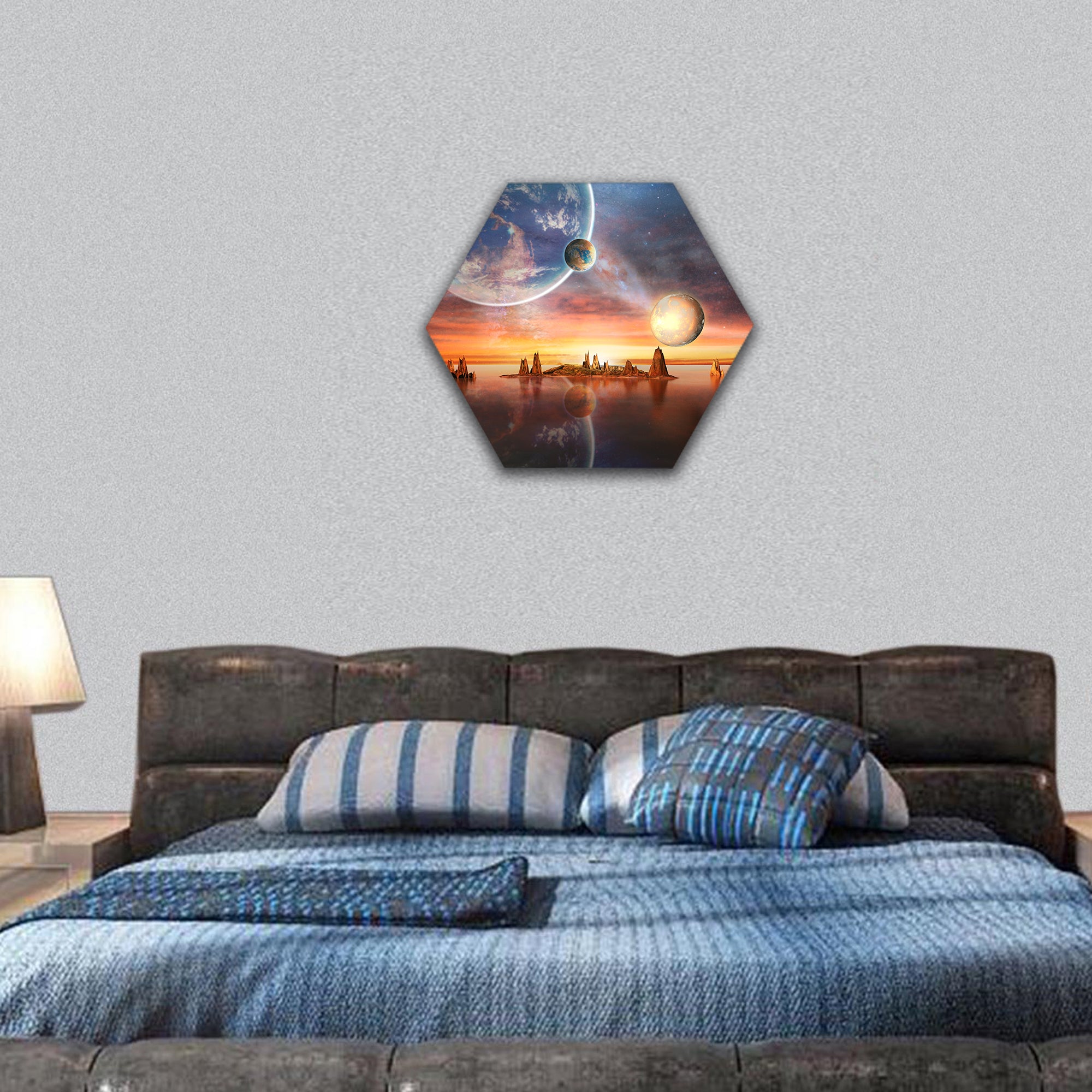 Alien Planet With planets, Earth Moon And Mountains hexagonal canvas wall art