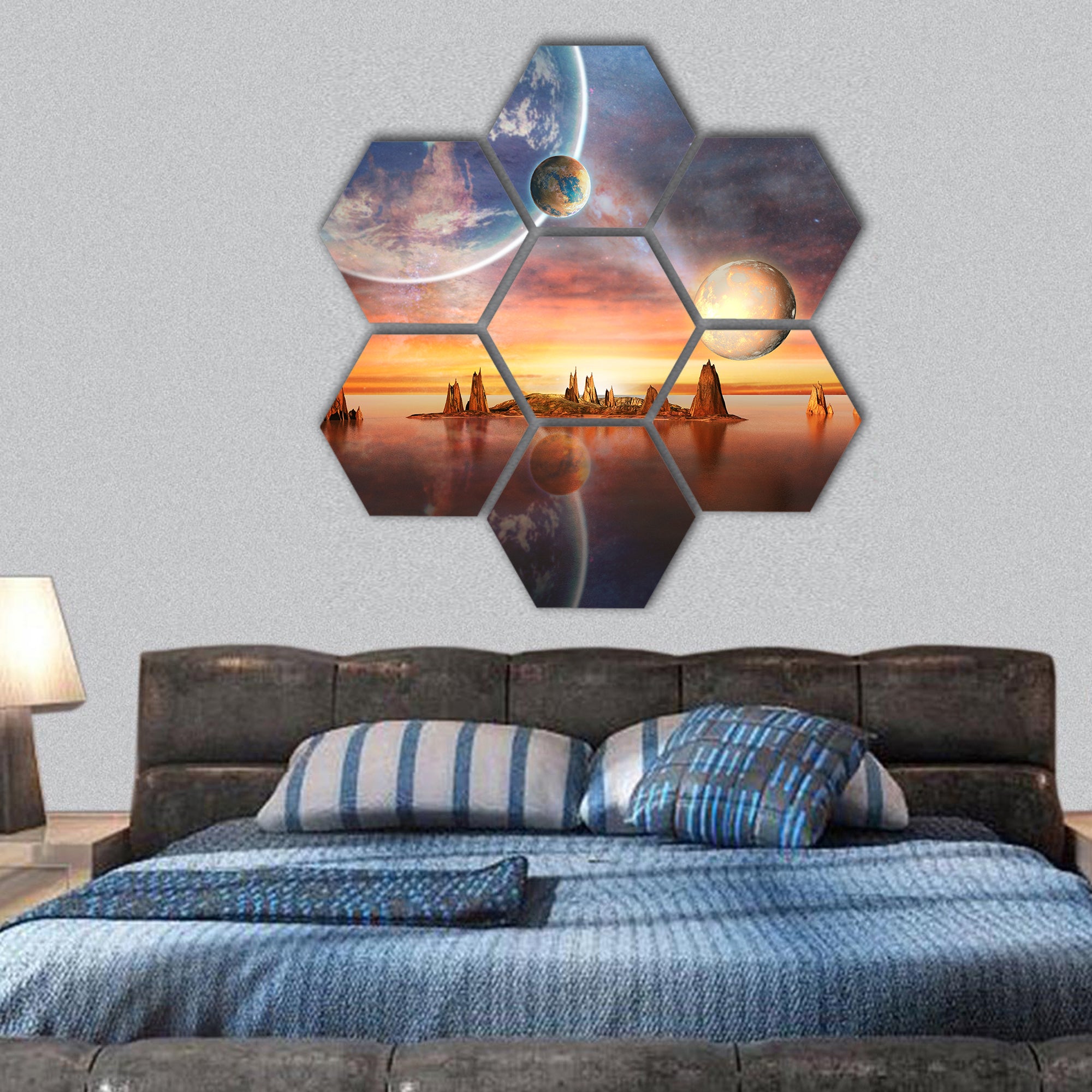 Alien Planet With planets, Earth Moon And Mountains hexagonal canvas wall art