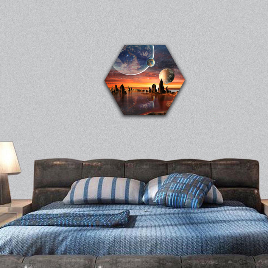 Alien Planet With planets, Earth Moon hexagonal canvas wall art