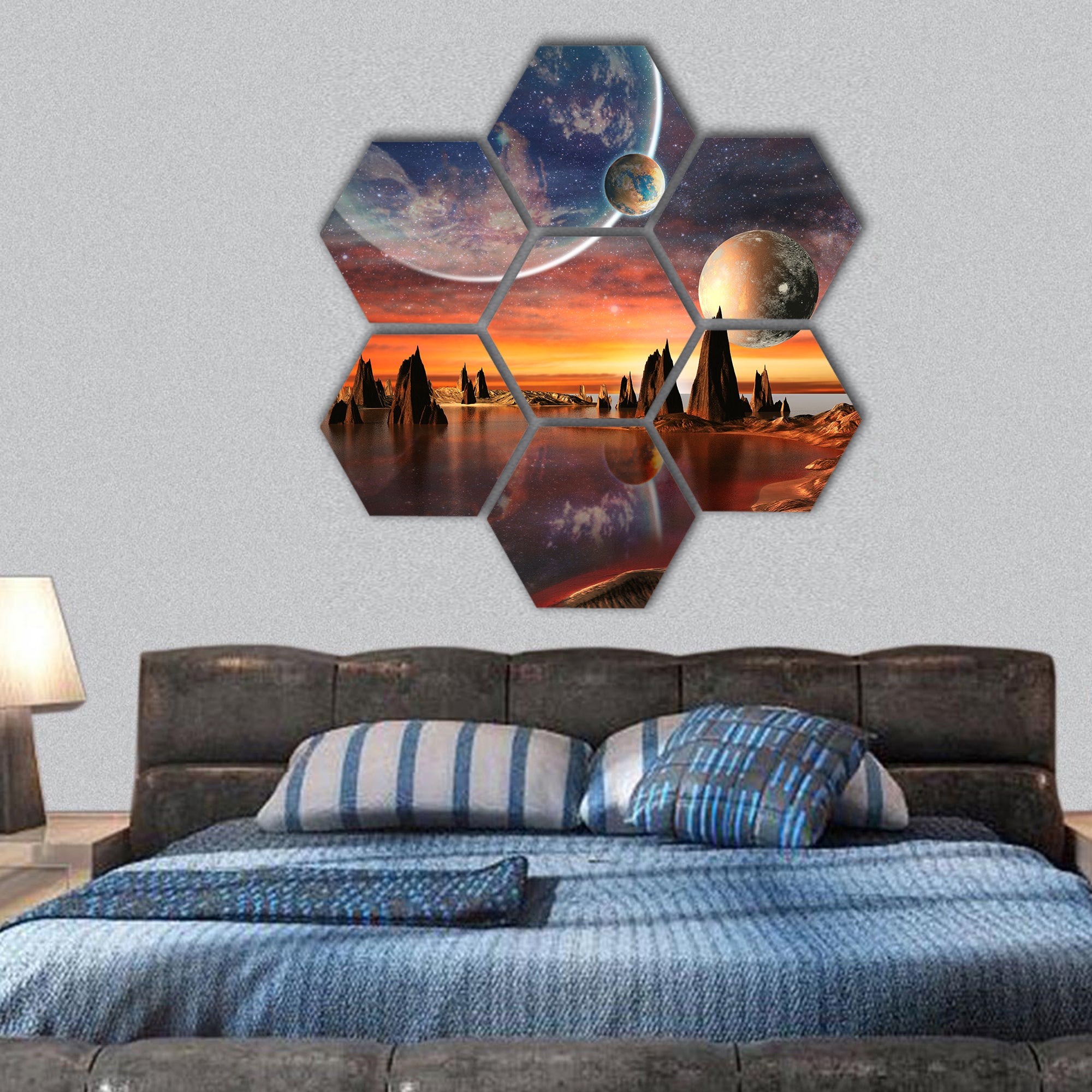 Alien Planet With planets, Earth Moon hexagonal canvas wall art