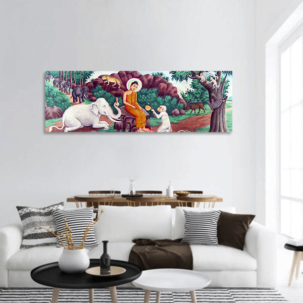 Buddha tames mad elephant, Wat Nokor, Cambodia panoramic canvas wall art
