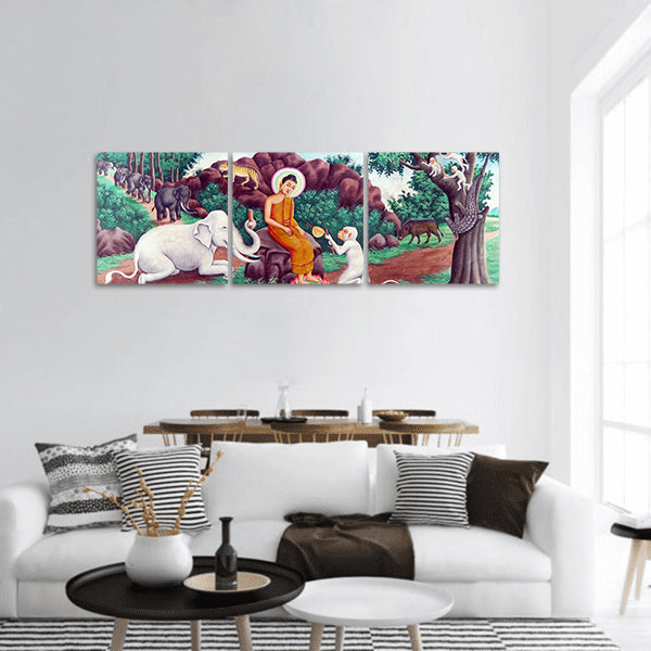 Buddha tames mad elephant, Wat Nokor, Cambodia panoramic canvas wall art