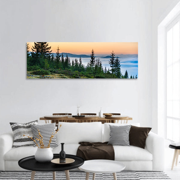 Old house in front of nature with clouds ocean, field of grass panoramic canvas wall art
