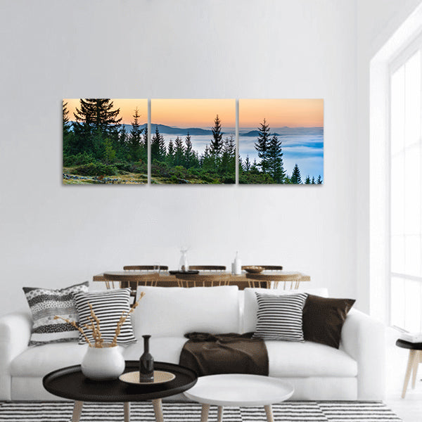 Old house in front of nature with clouds ocean, field of grass panoramic canvas wall art