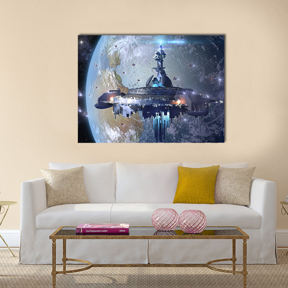 Imaginative Scenery of Alien UFO Mothership Near Earth Multi Panel Canvas Wall Art