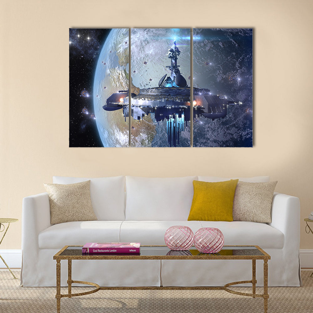 Imaginative Scenery of Alien UFO Mothership Near Earth Multi Panel Canvas Wall Art