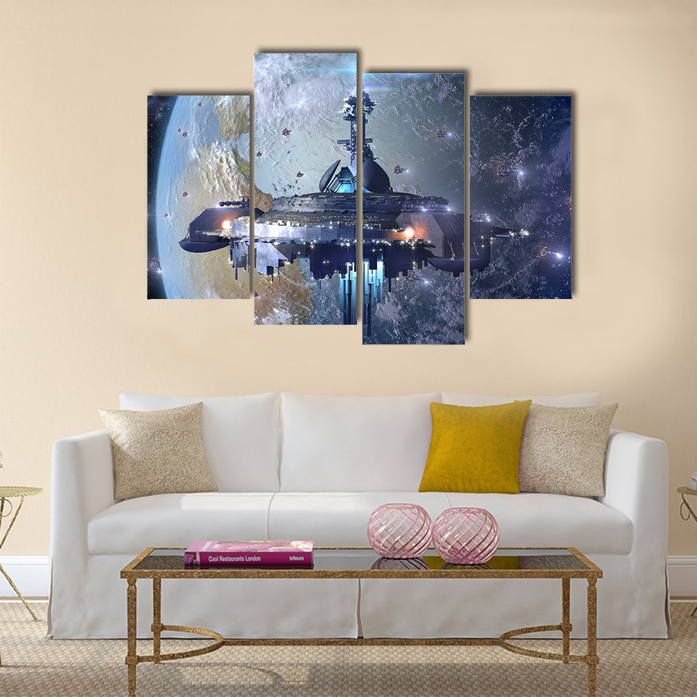Imaginative Scenery of Alien UFO Mothership Near Earth Multi Panel Canvas Wall Art