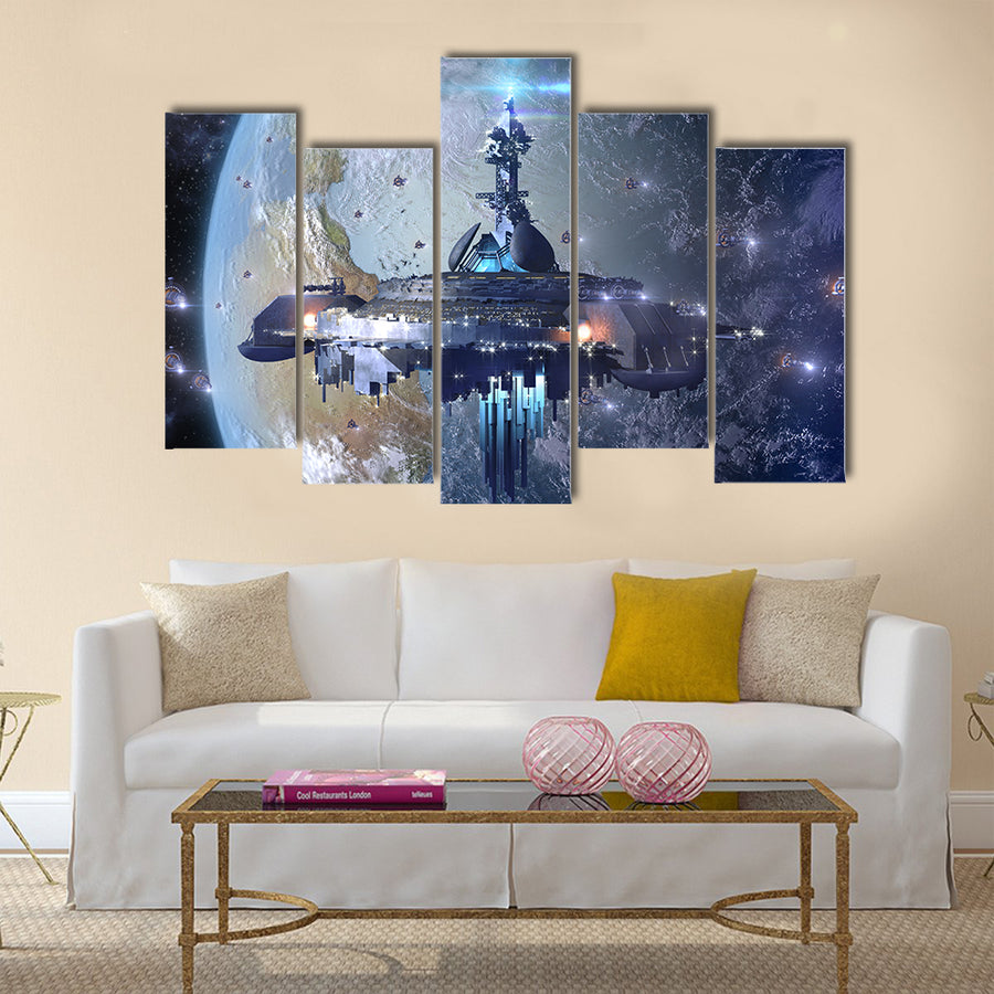 Imaginative Scenery of Alien UFO Mothership Near Earth Multi Panel Canvas Wall Art