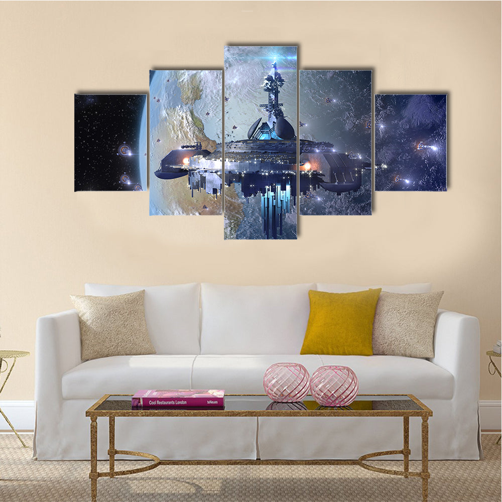 Imaginative Scenery of Alien UFO Mothership Near Earth Multi Panel Canvas Wall Art