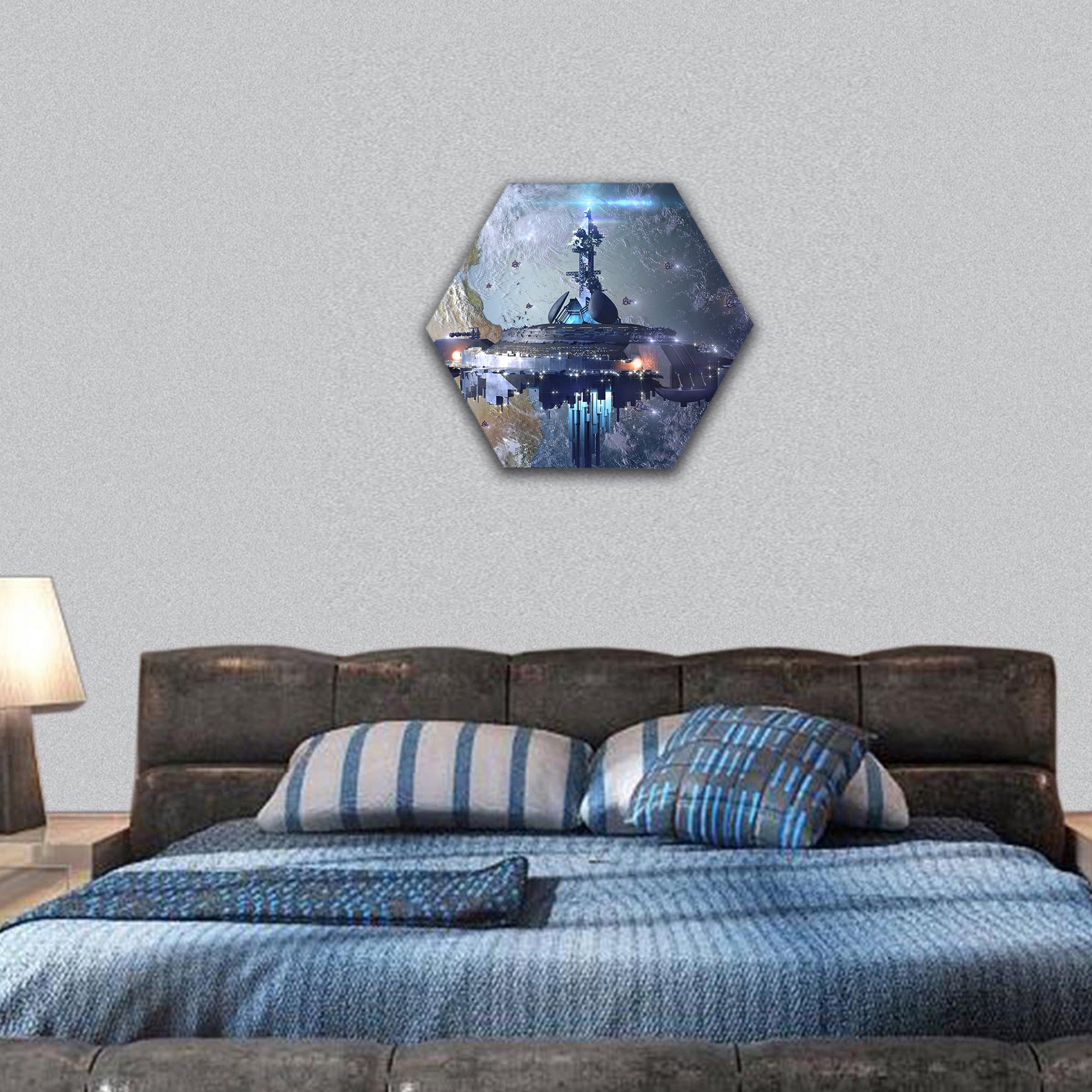 Alien UFO mothership near Earth hexagonal canvas wall art