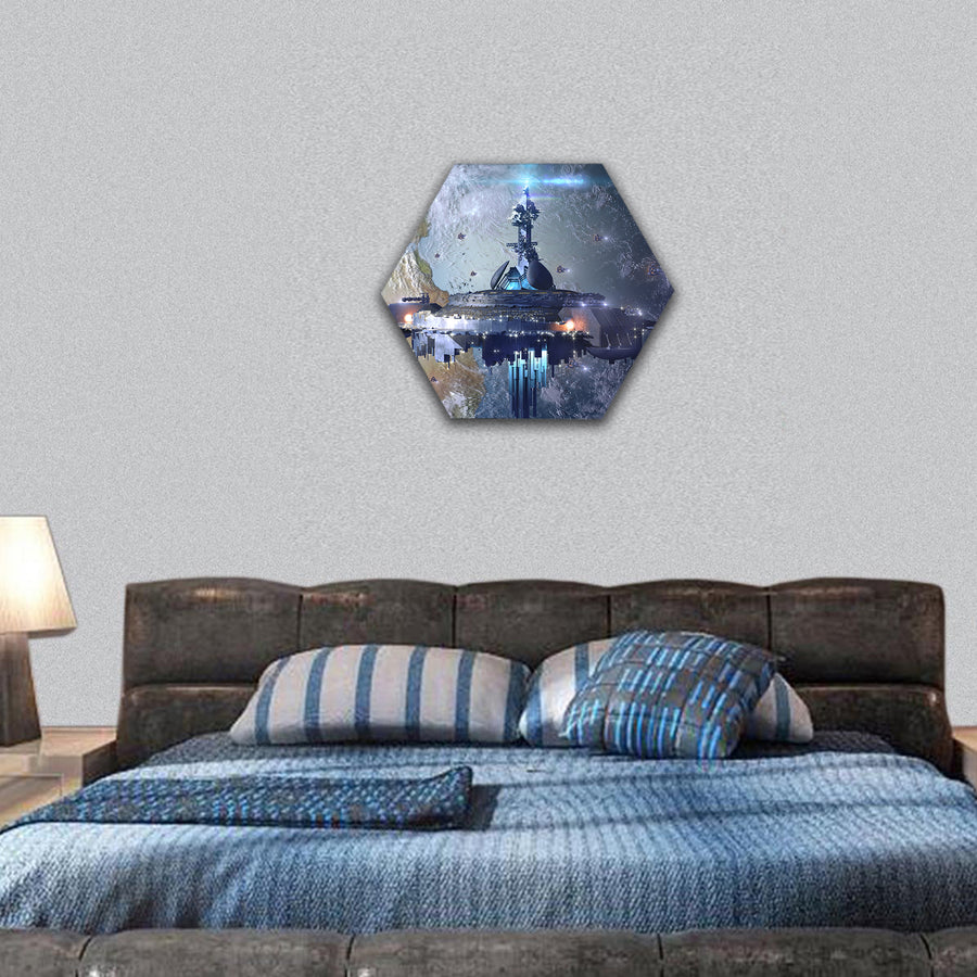Alien UFO mothership near Earth hexagonal canvas wall art