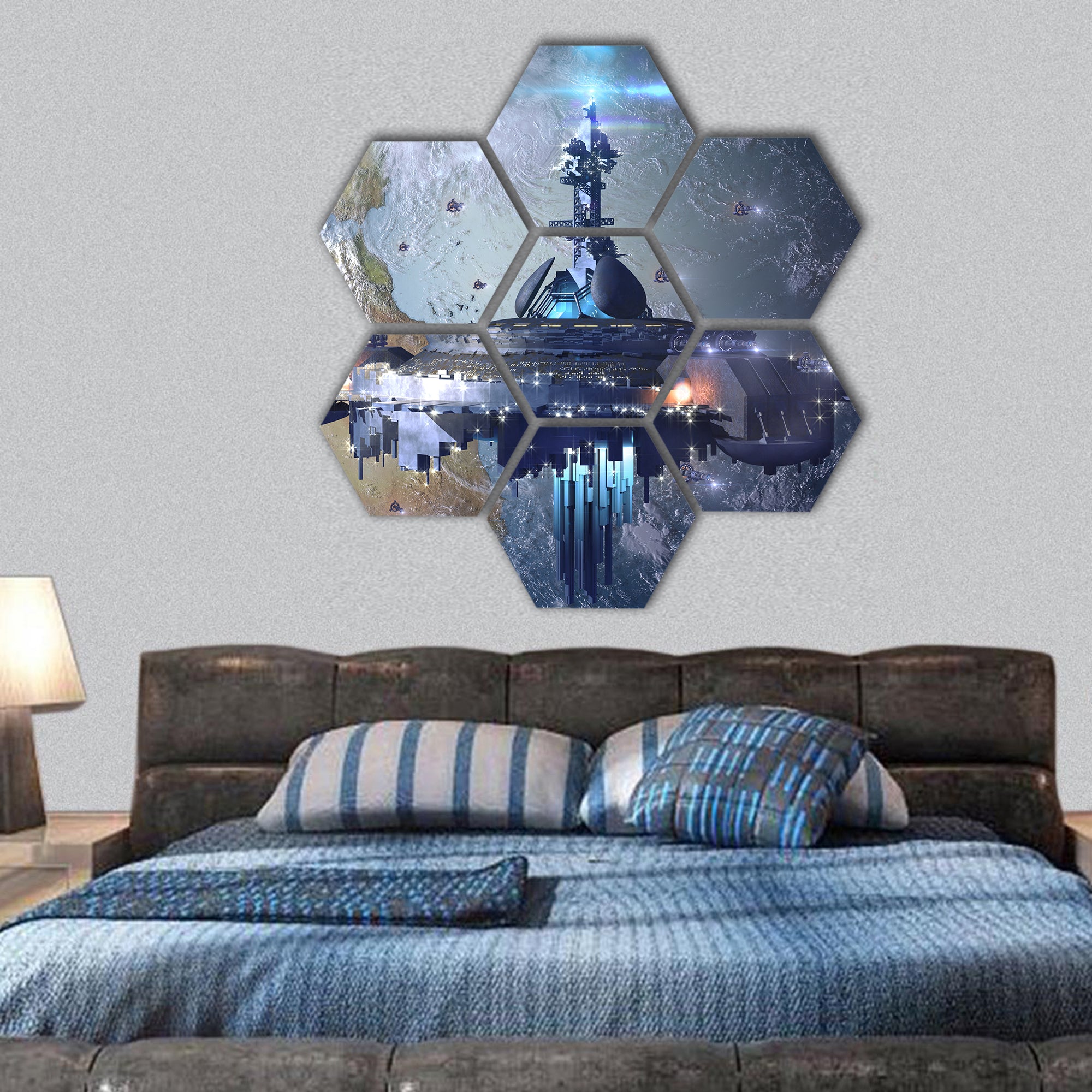 Alien UFO mothership near Earth hexagonal canvas wall art