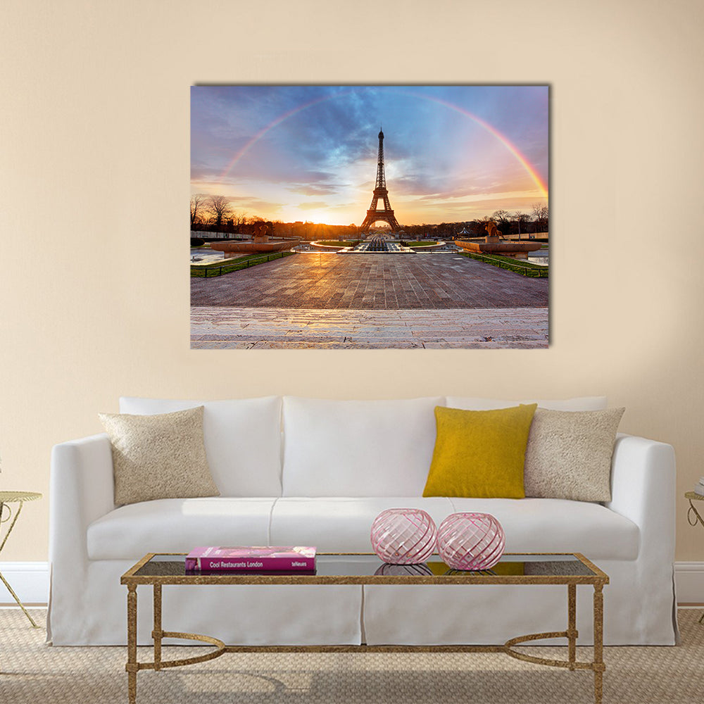 Clouds Crossing Rainbow Over The Eiffel Tower, Multi Panel Canvas Wall Art