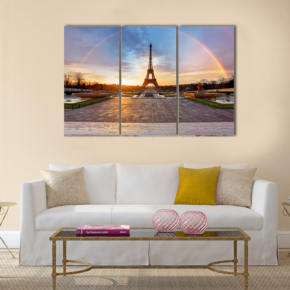 Clouds Crossing Rainbow Over The Eiffel Tower, Multi Panel Canvas Wall Art