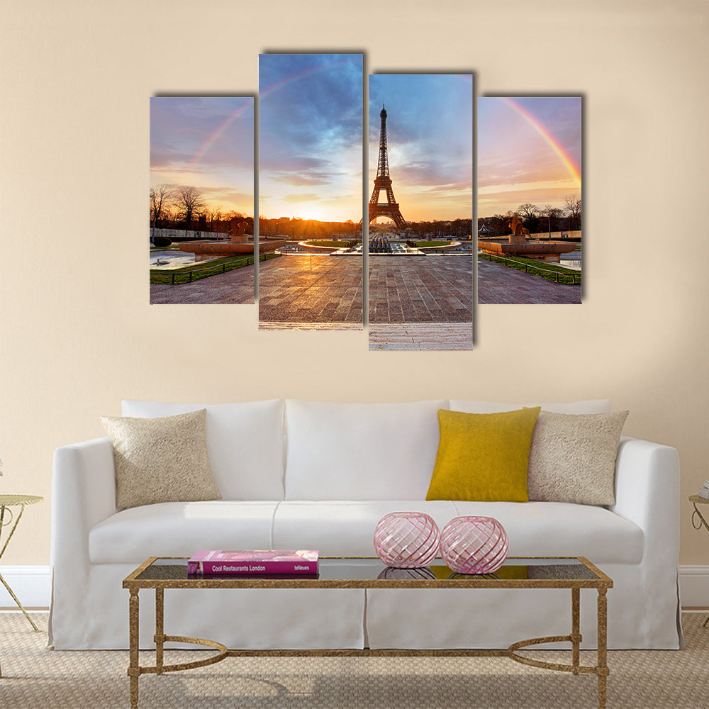 Clouds Crossing Rainbow Over The Eiffel Tower, Multi Panel Canvas Wall Art