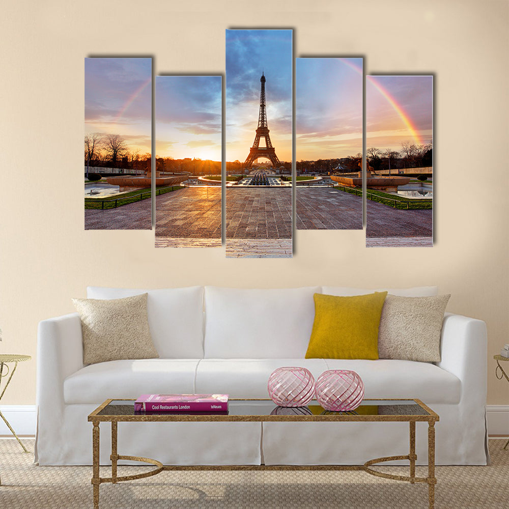 Clouds Crossing Rainbow Over The Eiffel Tower, Multi Panel Canvas Wall Art