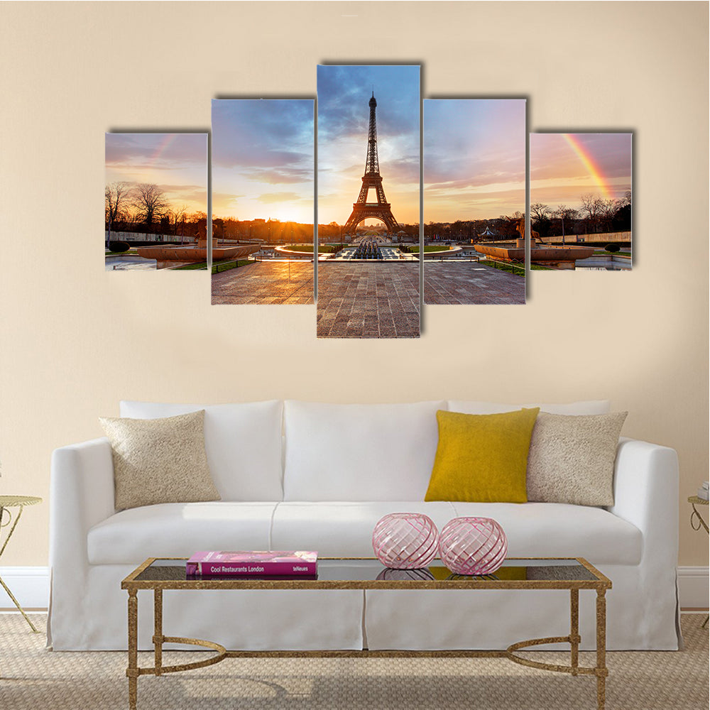 Clouds Crossing Rainbow Over The Eiffel Tower, Multi Panel Canvas Wall Art