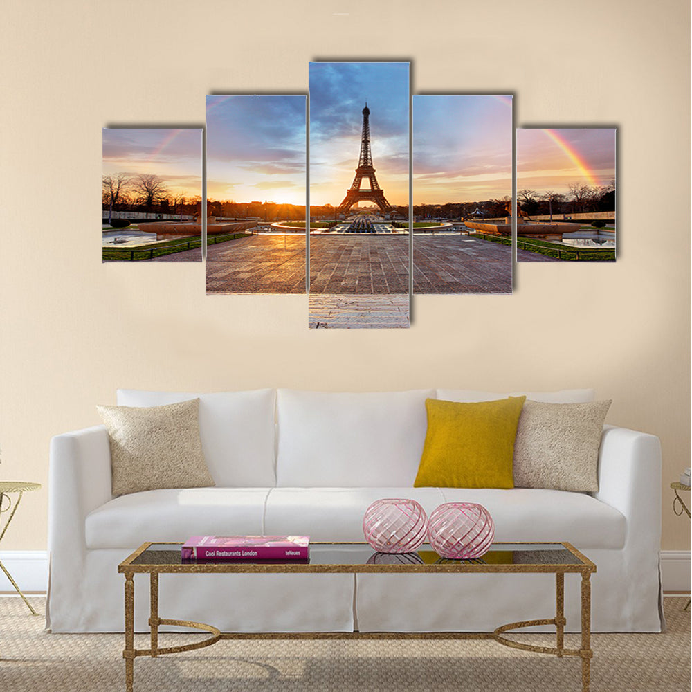 Rainbow over Eiffel tower, Paris Multi panel canvas wall art