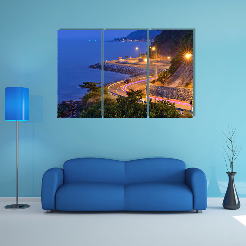 Twilight scene of the road beside mountain and sea multi panel canvas wall art