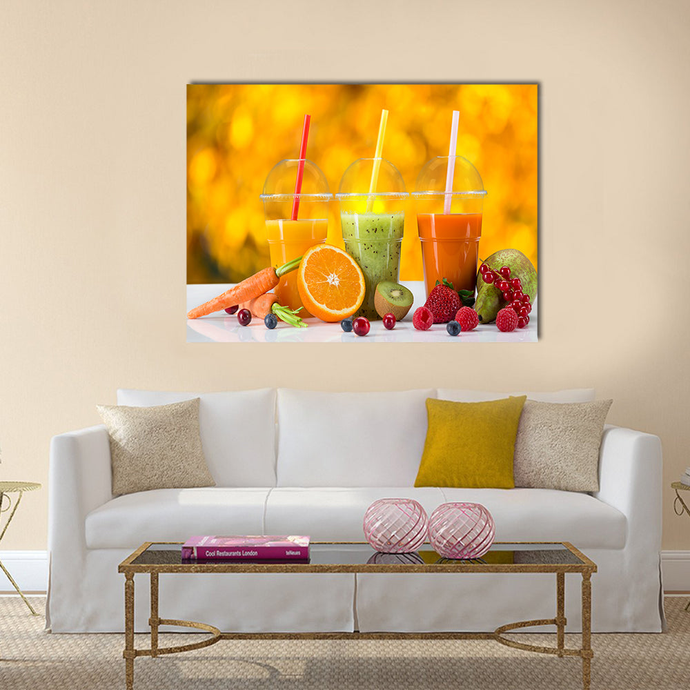Fresh juice mix fruit, healthy drinks on wooden table Multi panel canvas wall art
