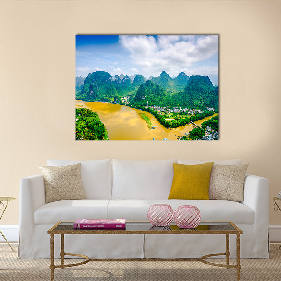 Beautiful Karst Mountain landscape on the Li River in rural Guilin, Guangxi, China multi panel canvas wall art