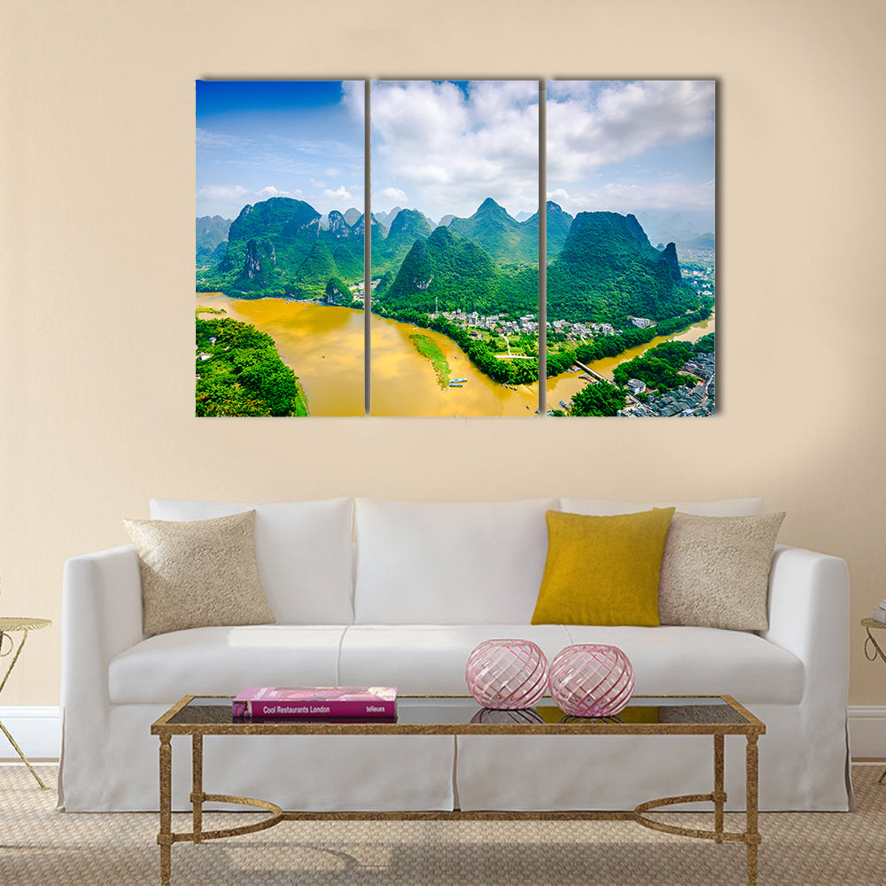 Beautiful Karst Mountain landscape on the Li River in rural Guilin, Guangxi, China multi panel canvas wall art