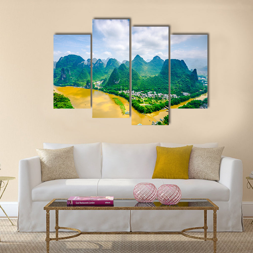 Beautiful Karst Mountain landscape on the Li River in rural Guilin, Guangxi, China multi panel canvas wall art