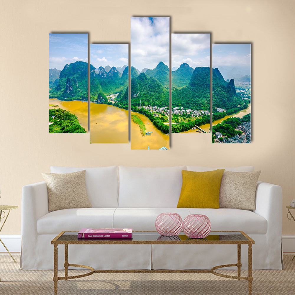 Beautiful Karst Mountain landscape on the Li River in rural Guilin, Guangxi, China multi panel canvas wall art