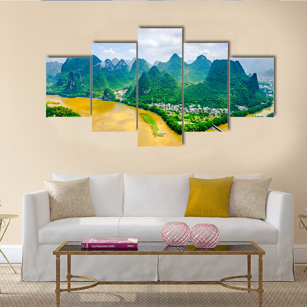 Beautiful Karst Mountain landscape on the Li River in rural Guilin, Guangxi, China multi panel canvas wall art