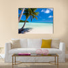 Tropical beach with palm trees, white sand, turquoise ocean water and blue sky at Palau Multi panel canvas wall art