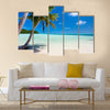 Tropical beach with palm trees, white sand, turquoise ocean water and blue sky at Palau Multi panel canvas wall art