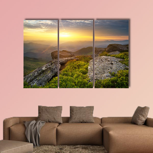 Grass on the mountain hill during sundown, beautiful summer landscape multi panel canvas wall art