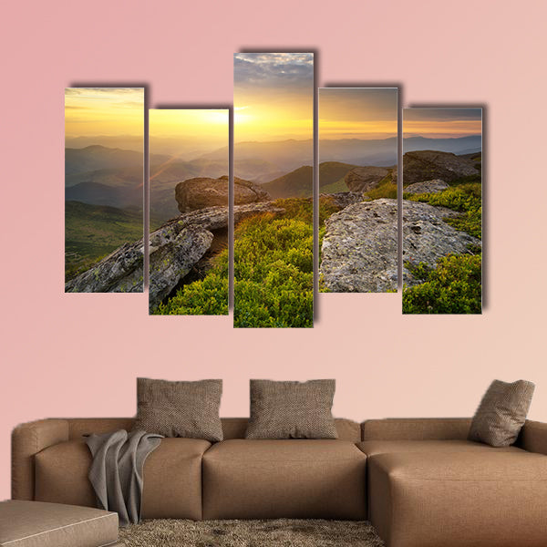 Grass on the mountain hill during sundown, beautiful summer landscape multi panel canvas wall art