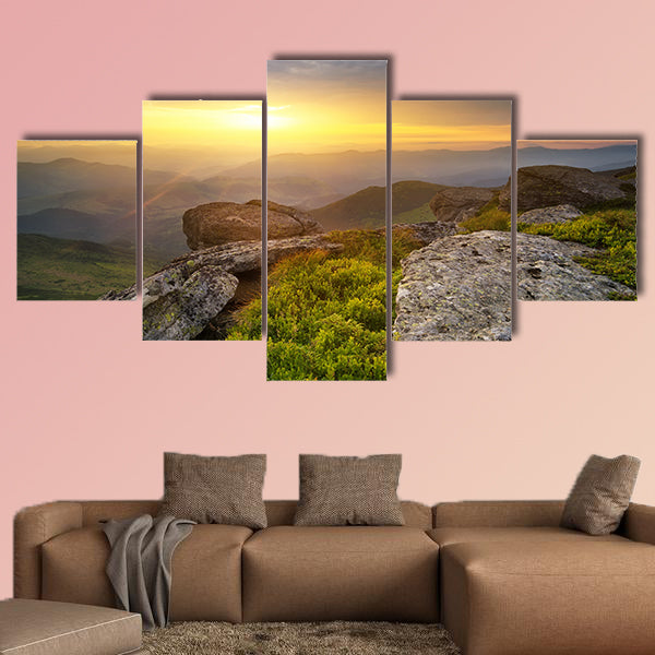 Grass on the mountain hill during sundown, beautiful summer landscape multi panel canvas wall art