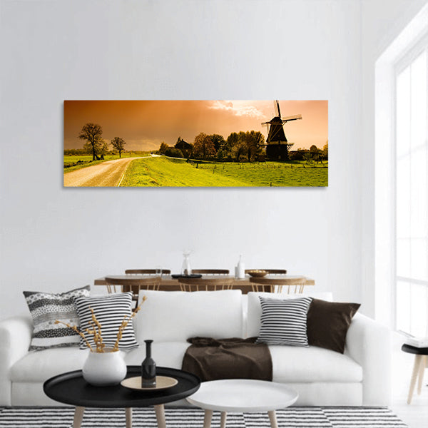 Beautiful sunset windmill landscape in the Netherlands panoramic canvas wall art