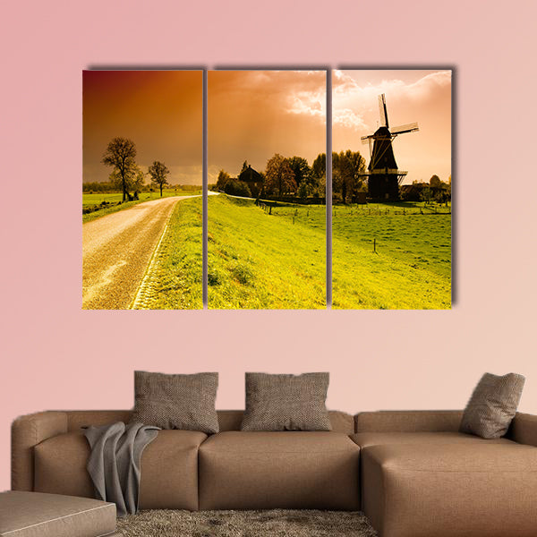 Beautiful sunset windmill landscape in the Netherlands multi panel canvas wall art