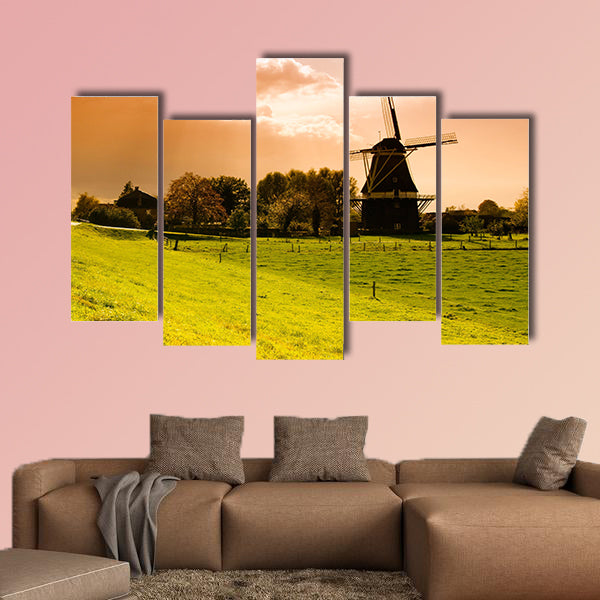 Beautiful sunset windmill landscape in the Netherlands multi panel canvas wall art